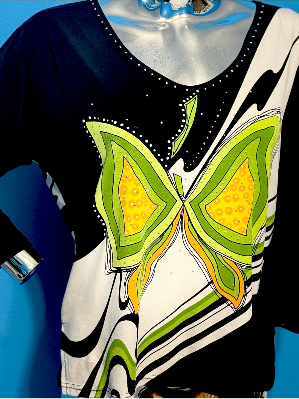 Vintage Valentina Black Top with Lime & Yellow Butterfly Print with Studs